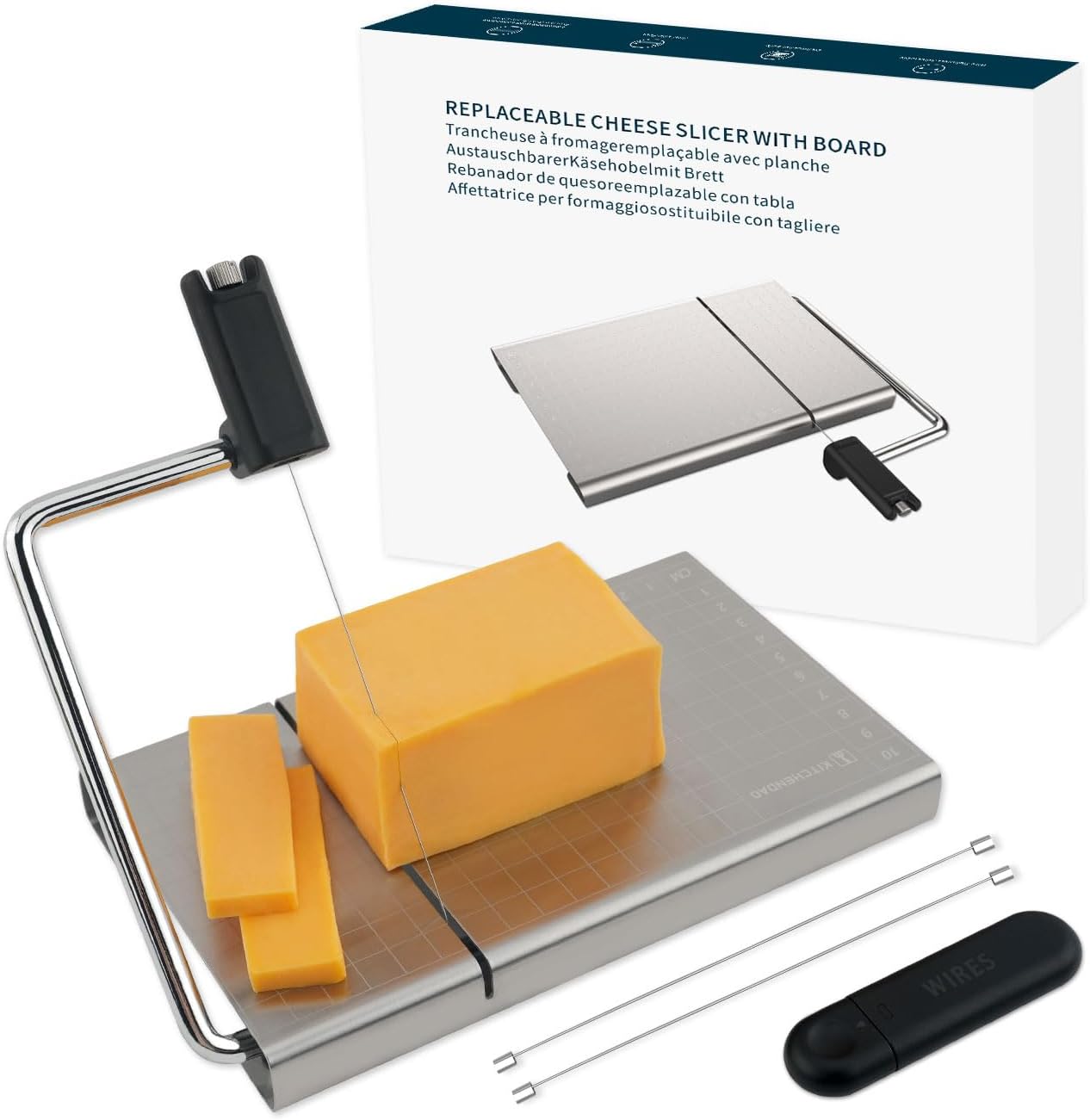 KITCHENDAO stainless-steel wire cheese slicer with measuring guides and black handle